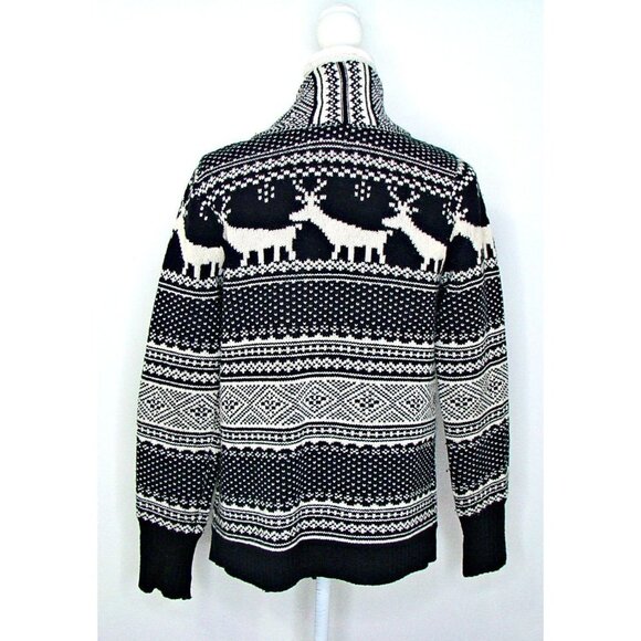 CAMBRIDGE Dry Goods LambsWool Cardigan Open Front Sweater Reindeer Black White M - Picture 3 of 10